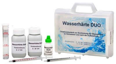 Wasserhärte DUO Titrationsbesteck, Komplettset mit Flaschen und Zubehör, Messbesteck für °dH